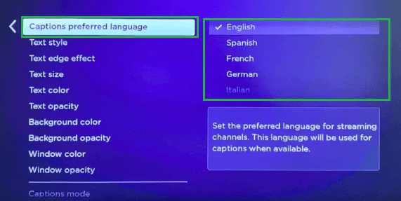 Choose Captions preferred language