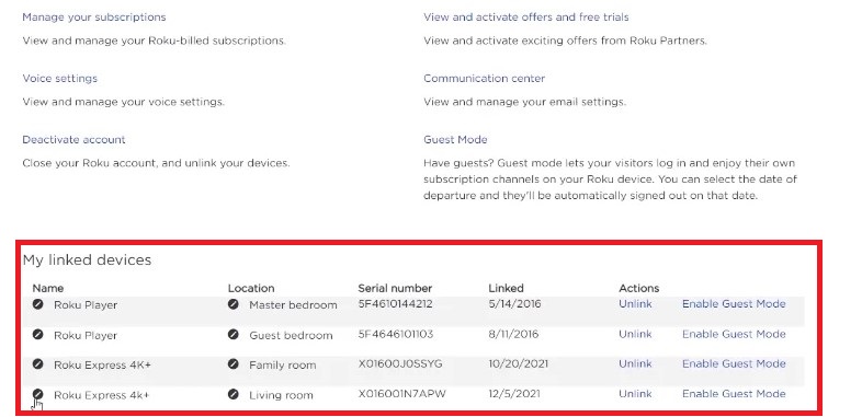 Roku Linked Devices Page