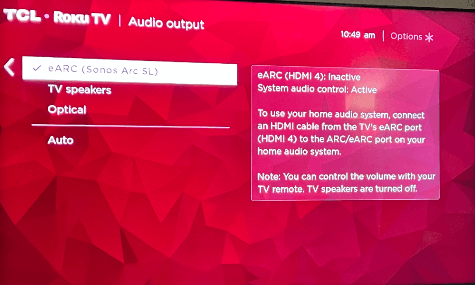 Soundbar connected to Roku TV's HDMI ARC
