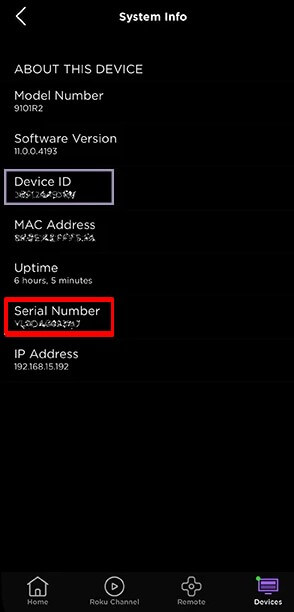 Roku Serial Number on Roku App