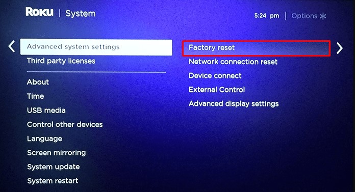 Choose the Factory Reset option