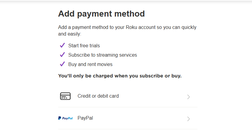 Choose a payment method from the Roku website