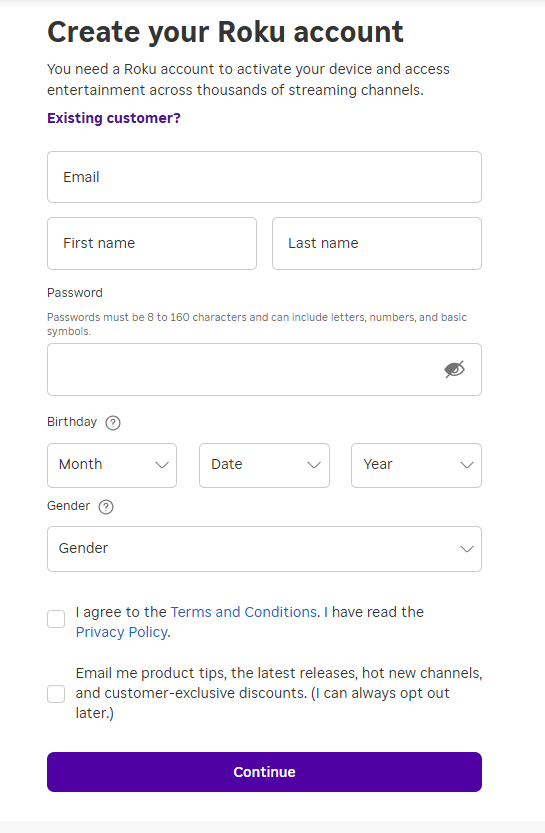 Enter the necessary details to create a Roku account without using a credit card