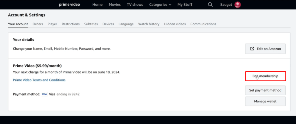 Tap on End Membership to cancel Amazon Prime Video on Roku