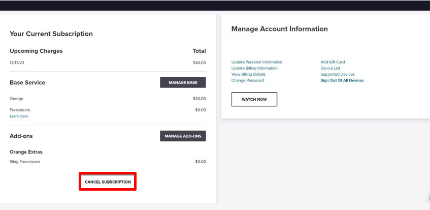 Click on Cancel Subscription option to terminate Sling TV on Roku
