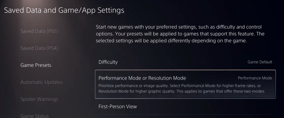Choose Performance or Resolution Mode on PS5