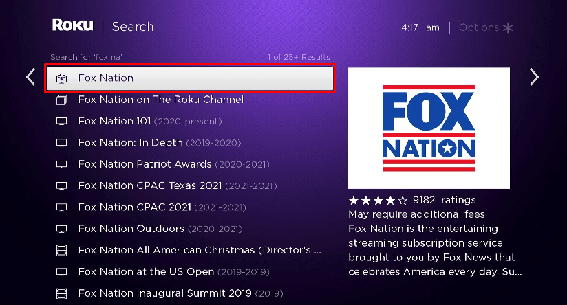 Select Fox Nation from the suggestions