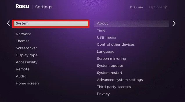 Choose System on Roku Settings