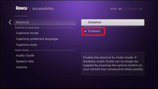 Turn off/on Roku Voice Description