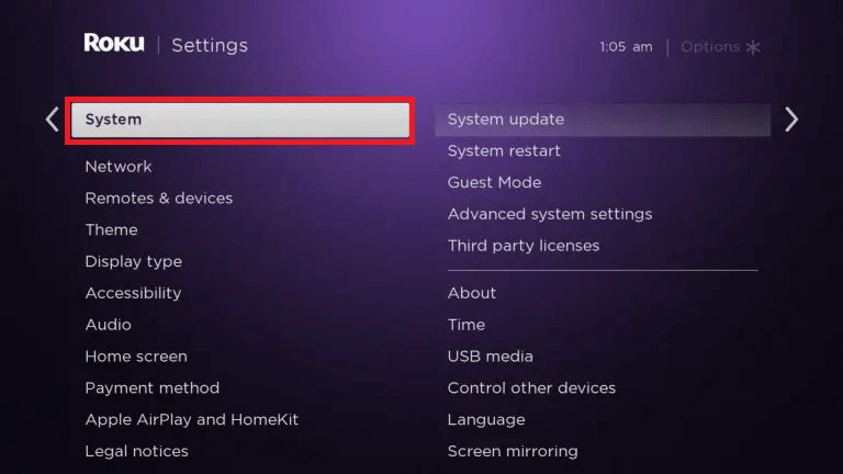 Click System Update on Roku