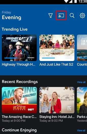 Click the Cast Icon to Mirror Fibe TV on Roku