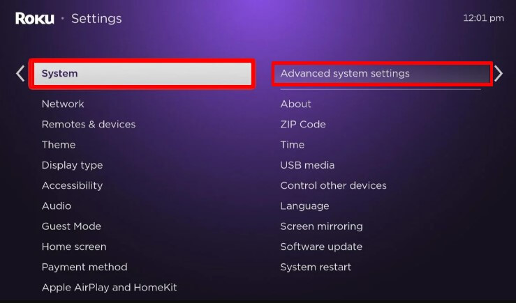 Select System to Fix the Roku Error Code 009
