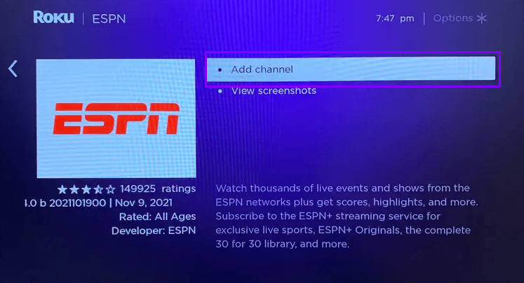 Click Add Channel button for ESPN app