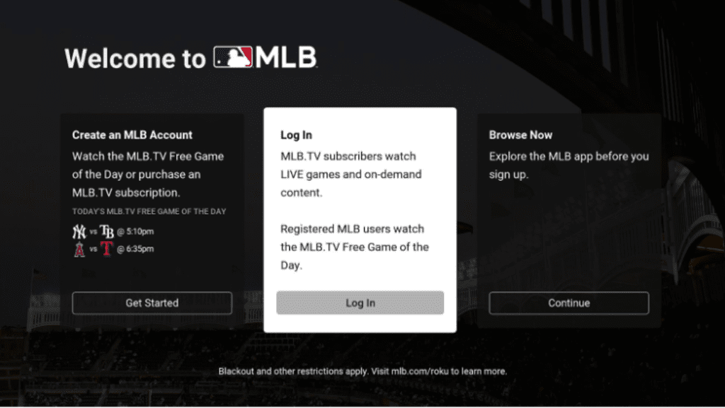 Click on Login button on the MLB app on Roku