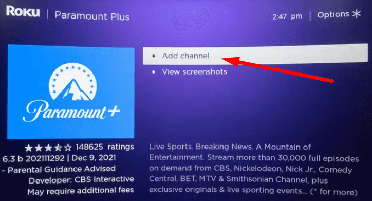 Click on Add Channel to get Paramount Plus on Roku