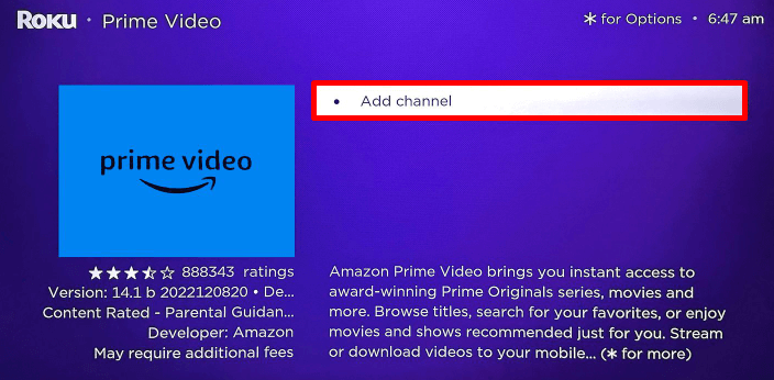 Click on Add Channel to install Prime Video on Roku