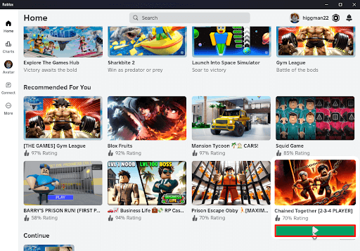 Choose a game to play from Roblox