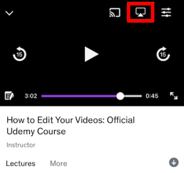 Click on AirPlay to stream Udemy on Roku via iPhone
