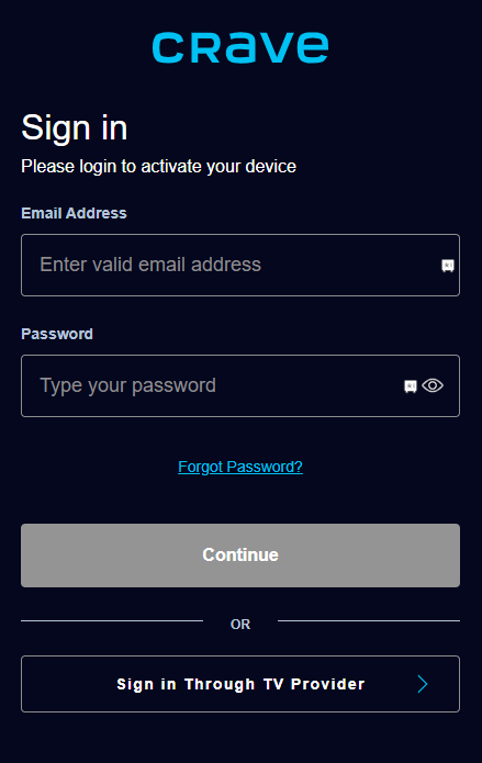 Crave app sign in page