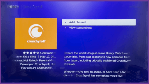 Click on Add Channel to get Crunchyroll on Roku