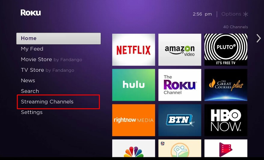 Select the Streaming Channels option on Roku