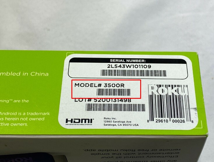 Model Number of Roku package box