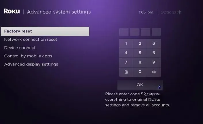 Factory Reset your Roku device to fix the error code 003