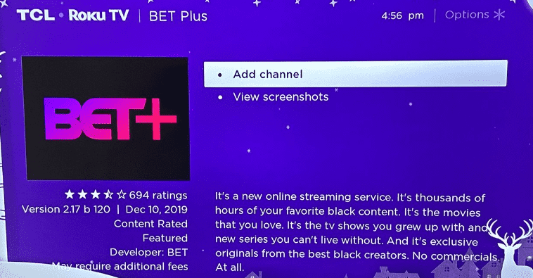 Click on Add Channel to install BET+ on Roku