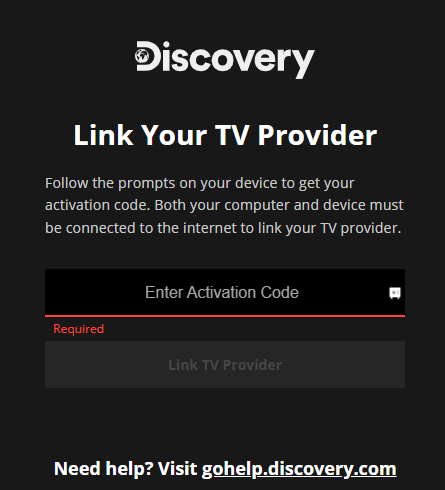 Enter the code and activate Discovery Go on Roku