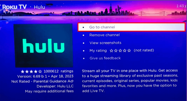 Click on Add Channel to install Hulu on Roku