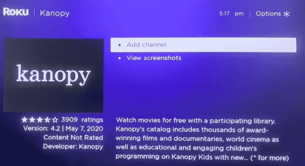 Tap on Add Channel to get Kanopy on Roku