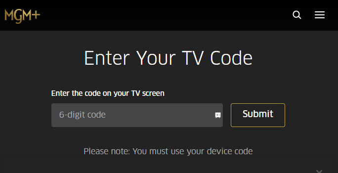 Enter the code and activate MGM+ (Epix) on Roku