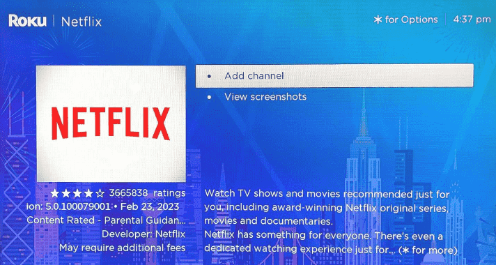Click on Add Channel to install Netflix on Roku