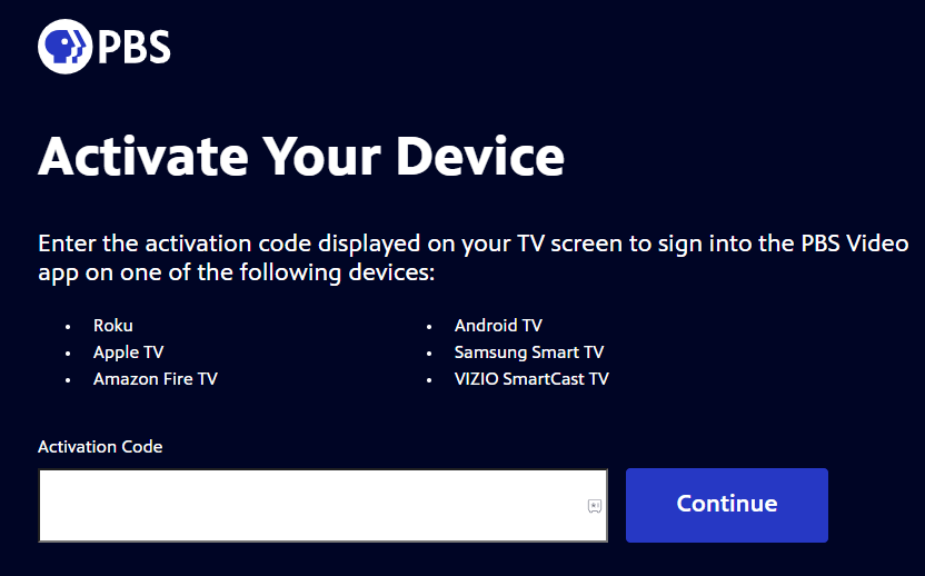 Enter the code and activate PBS on Roku