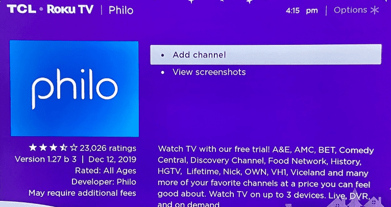 Click on Add Channel and install Philo on Roku
