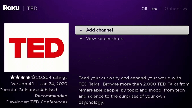 Tap on Add Channel and install TED on Roku