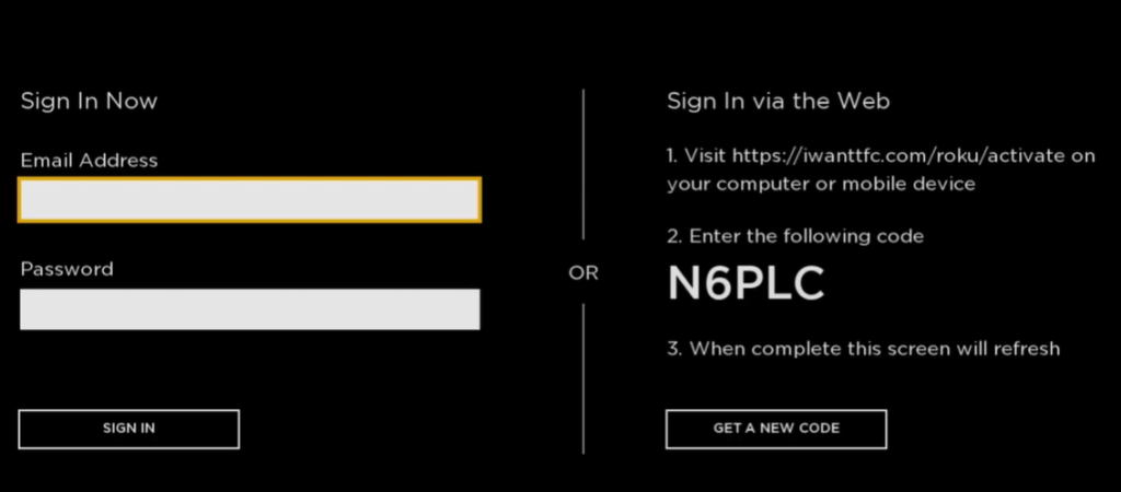 iWantTFC app login page