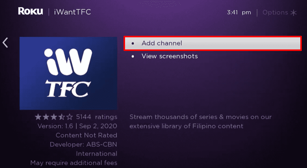 Click on Add Channel to install TFC on Roku