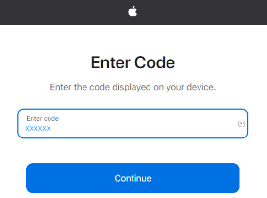 Enter the code and click on Continue
