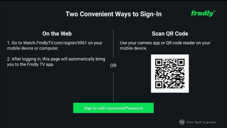Frndly TV app login screen