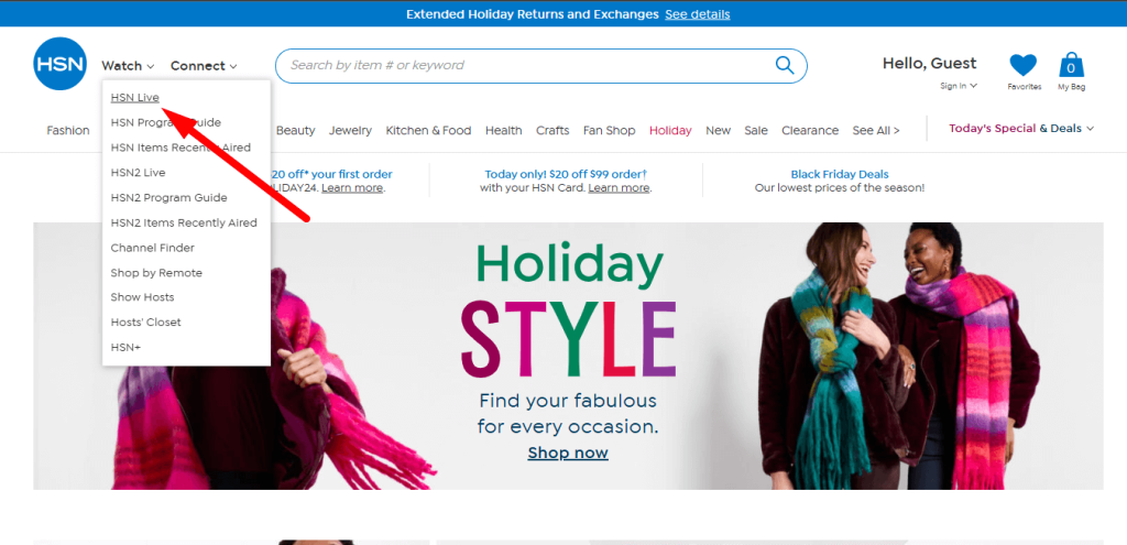 Click on HSN Live on the website