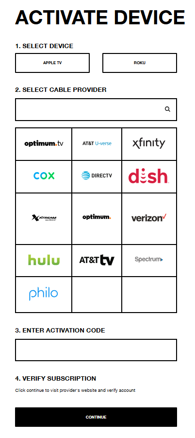 Choose your Cable TV provider and activate Vice on Roku