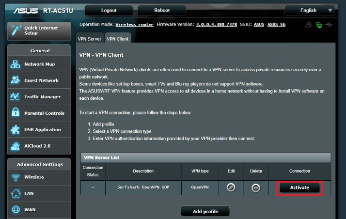 Click Activate to connect to Surfshark VPN