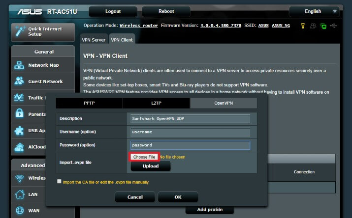 Tap Choose File and upload the Surfshark configuration file