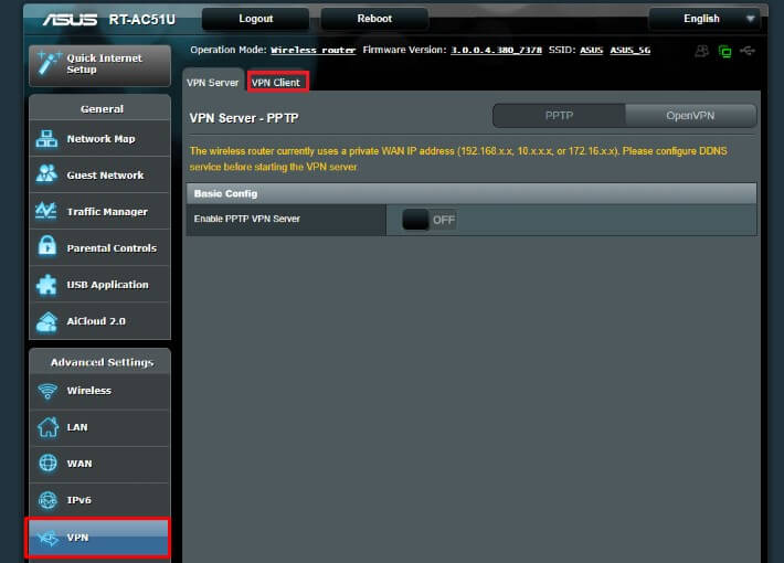 Click VPN and select the VPN Client tab