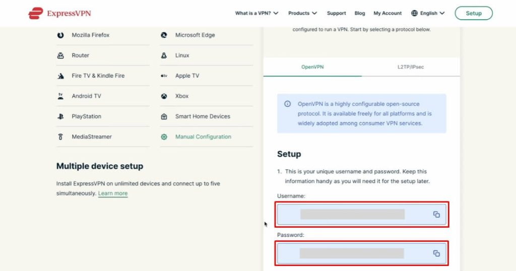 Copy the username and password of OpenVPN credentials on the ExpressVPN webpage