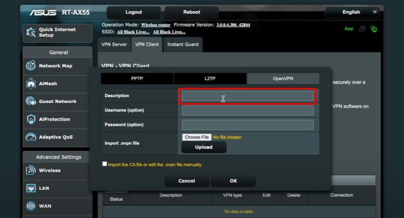 Type ExpressVPN (server name) in the description field