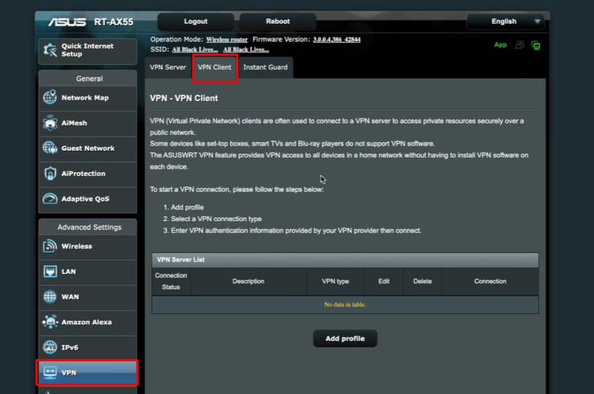 Click VPN and select VPN Client
