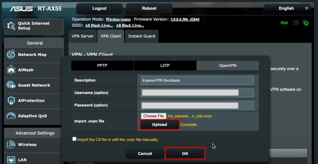 Import the configuration file of ExpressVPN and click Upload